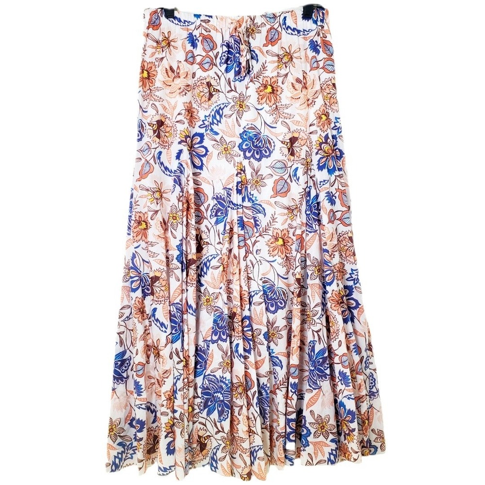 Aryeh NWT Floral Cotton Maxi Festival Swing Skirt‎ Boho White Blue Orange Size L